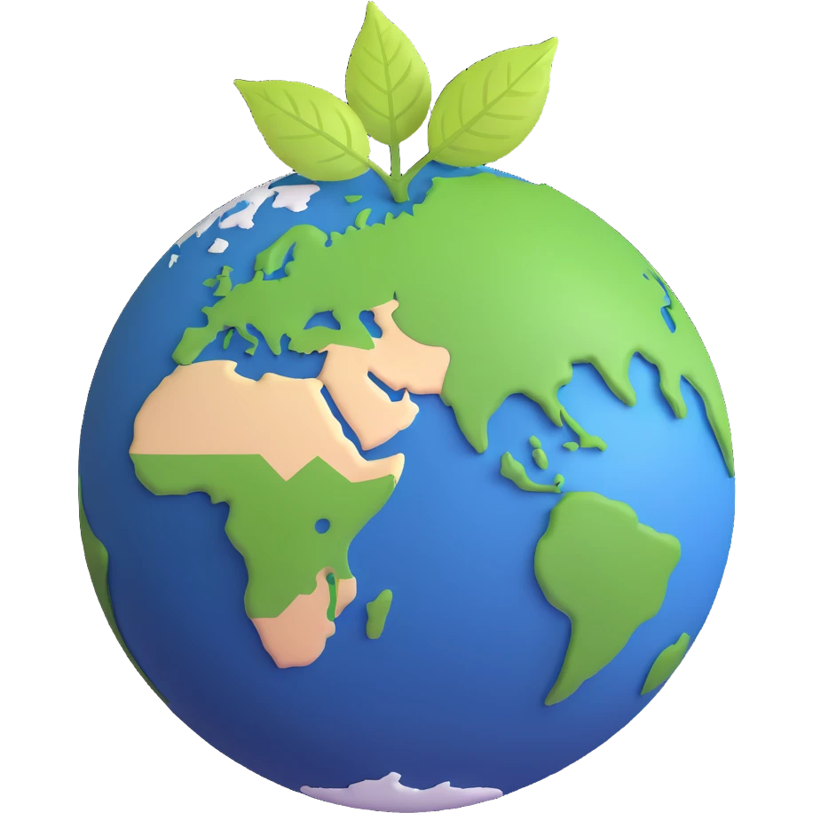 A single green leaf resting gently on top of a vibrant, round Earth globe. The focus is on the leaf and the globe with a simple background and soft natural lighting emoji