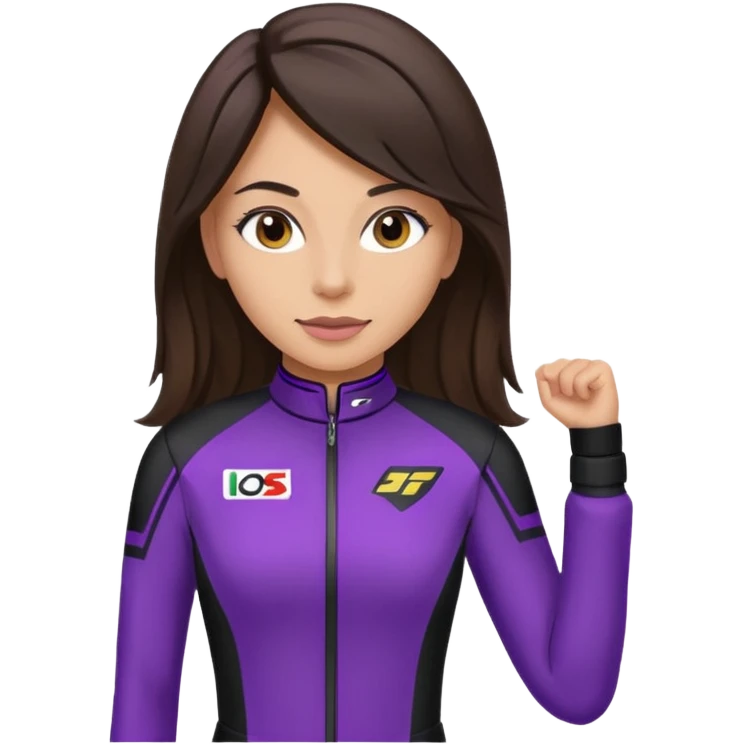 brunette long hair woman with black racing outfit with single purple strip emoji