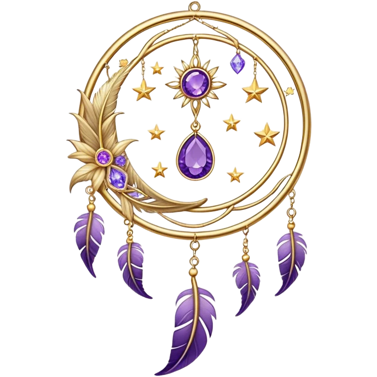 Epic beautiful gorgeous cute gold suncatcher, threads with shiny sparkly amethyst gemstones, flowers, crescents-moons, stars, violet Feather, gold feather emoji