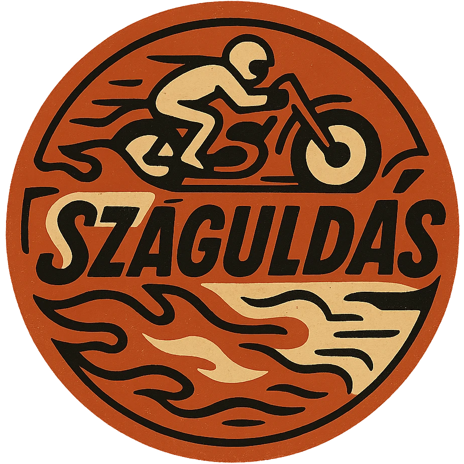circular design for motorcycle cap, transparent background, text 'Száguldás' in Hungarian, speed style, motorcycle motifs like flame, motorcycle, wind emoji