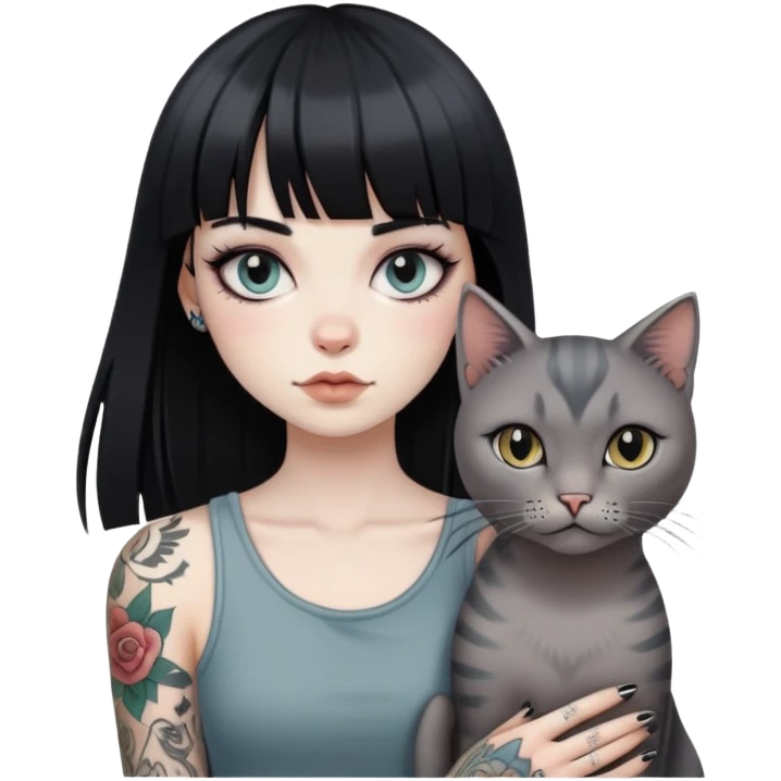 girl with long black  straight bangs hair and tattoos and a grey-shared cat emoji