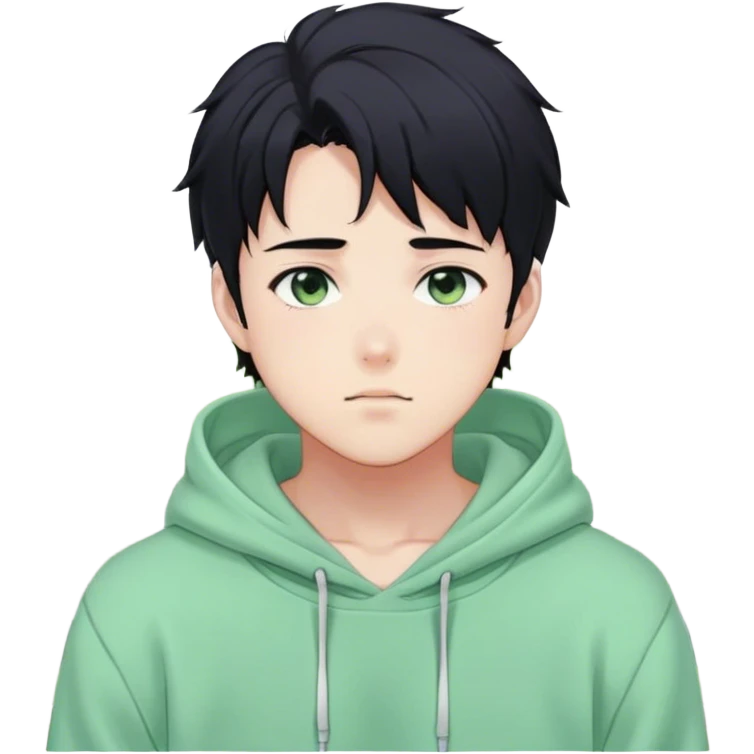Gorgeous pastel green sweater black hair anime style shojo guy with blushing face and, hoodie, aesthetic, young adult, trending style, outside, vedal987 emoji