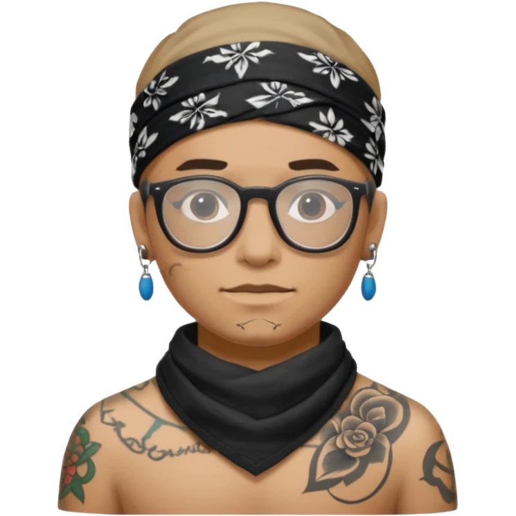 character with bandana and glasses and tattoed emoji