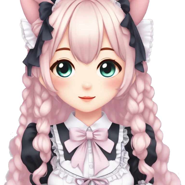 Gorgeous anime style catgirl with blushing face with maid outfit laces gothic Lolita idol model kawaiicore pastelcore cottagecore pearly petite simplistic aesthetic trending style emoji