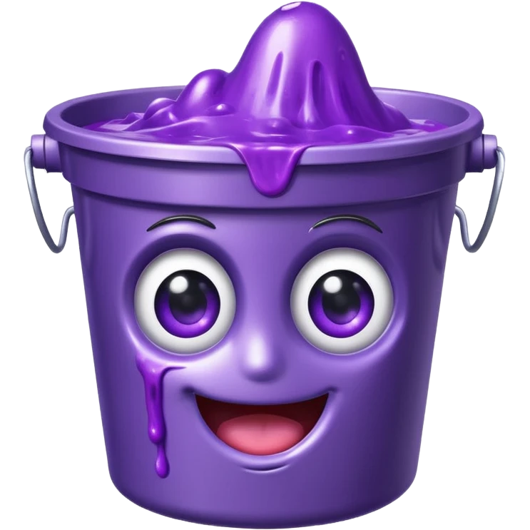 metallic bucket filled with purple slime with big eyes and a happy face emoji