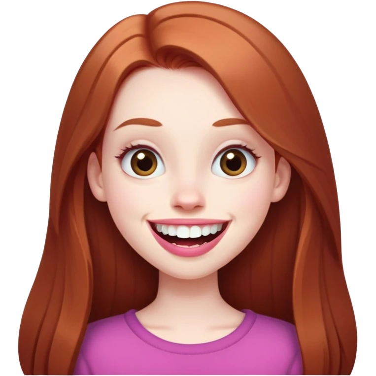 Young girl with pale skin, longer face, full pink lips smiling with big teeth, very long straight auburn hair (lighter ginger, not bright red), big brown eyes, extra large nose, big mouth, slightly asymmetrical features, less conventionally pretty emoji