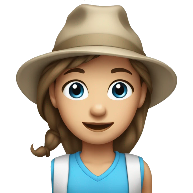 9 year old girl brown hair in a pony tail blue eyes and shirt and hat and silver earrings emoji