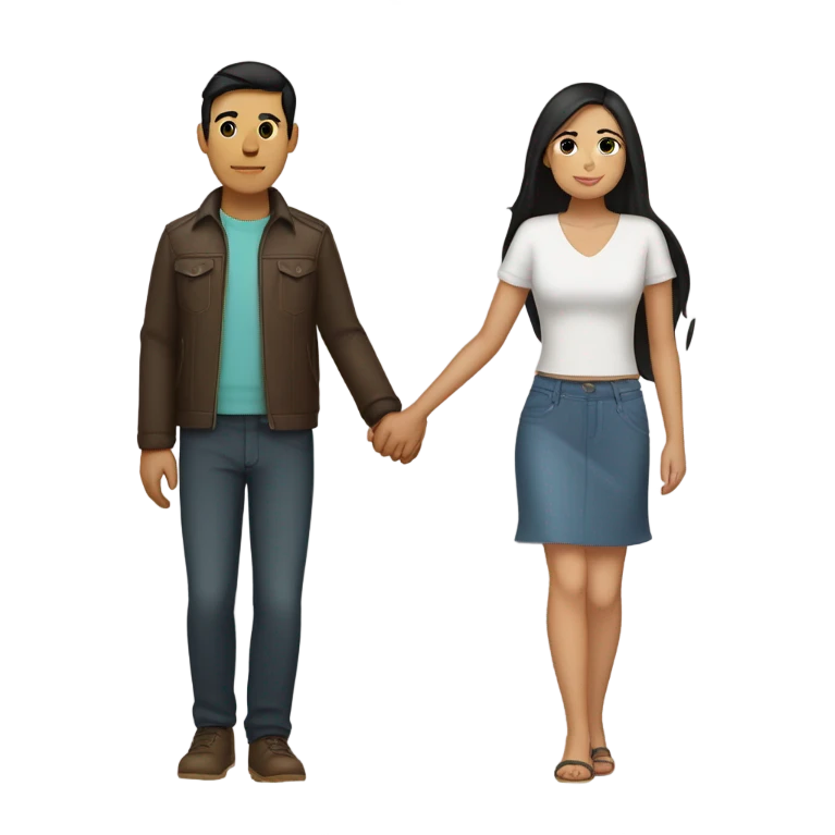 a couple holding hands. the guy has black middle part hair and is Persian and Filipino mix, wearing a jacket. the girl has brown hair white and asian mix, wearing a crop top. emoji
