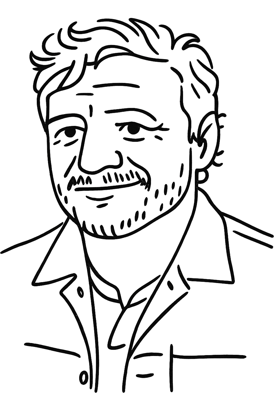 Create a hand drawn black outline portrait illustration with no fill, based on the reference photo, showing a friendly expression. The style is hand drawn with black outlines and no fill, supporting text and verbose prompts. emoji