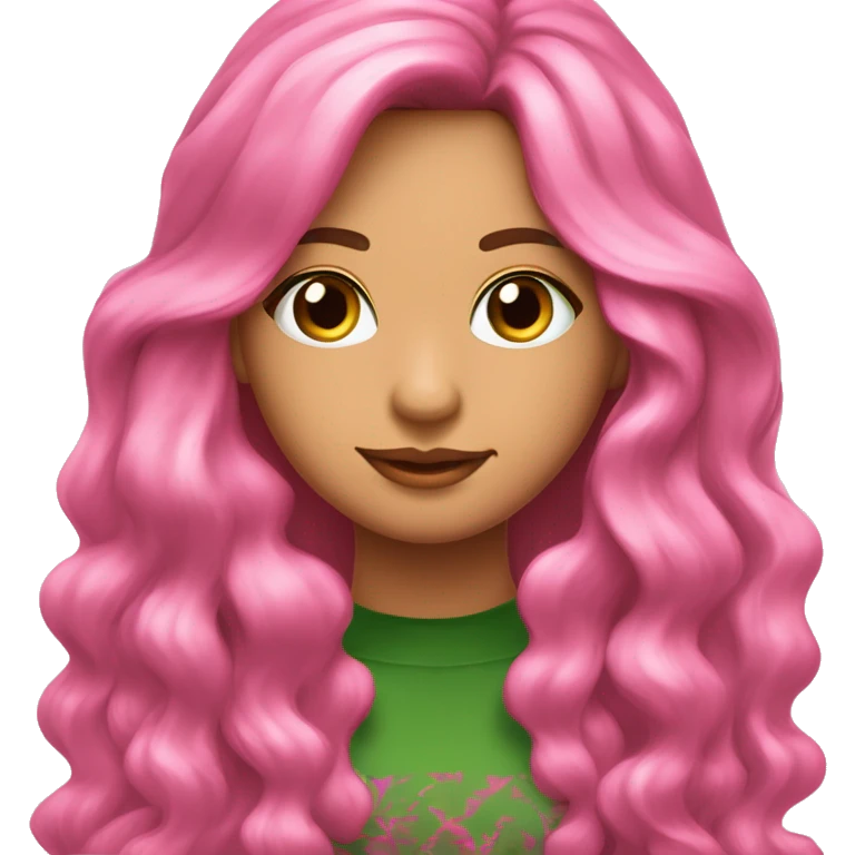  Su cabello es largo, rosa brillante en la raíz y verde en las puntas, con un estilo suave y voluminoso. Tiene ojos grandes y verdes, y un rostro delicado que refleja su ternura y simpatía emoji
