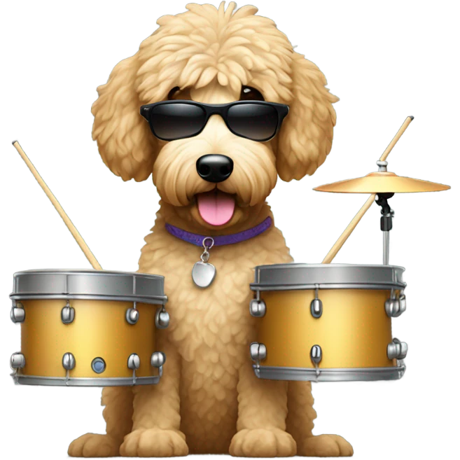 Golden doodle. Wearing sunglasses playing the drums  emoji