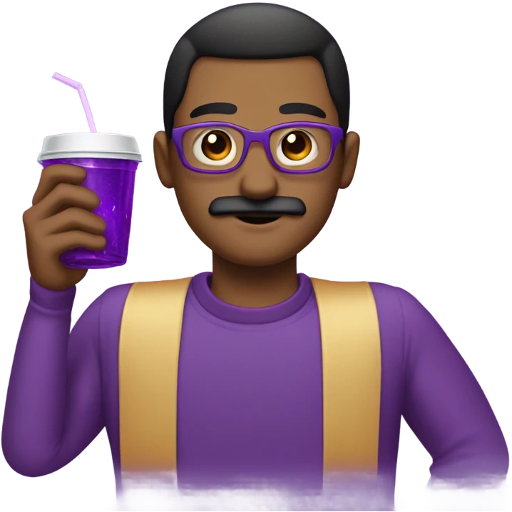 A man w black combover and a square moustache holding a double cup with purple sprite inside the cup emoji