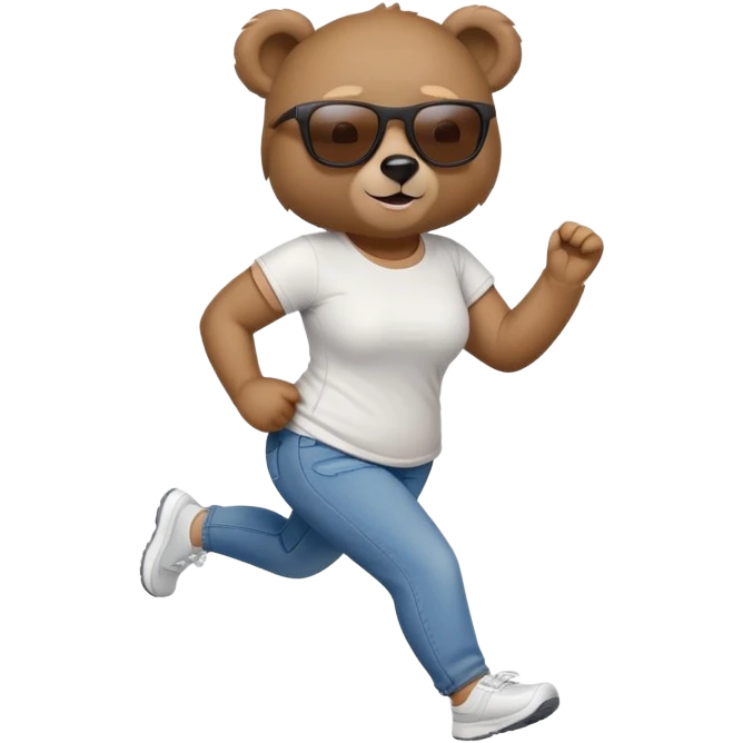 friendly anthropomorphised female bear in jeans and a t-shirt, wearing dark sunglasses, jogging upright in standard pose emoji