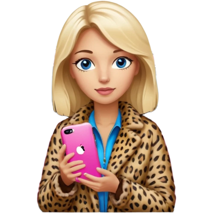 a blondie queen Arina in a leopard fur and pink iPhone on her kia Sportage white car. blue eyes emoji