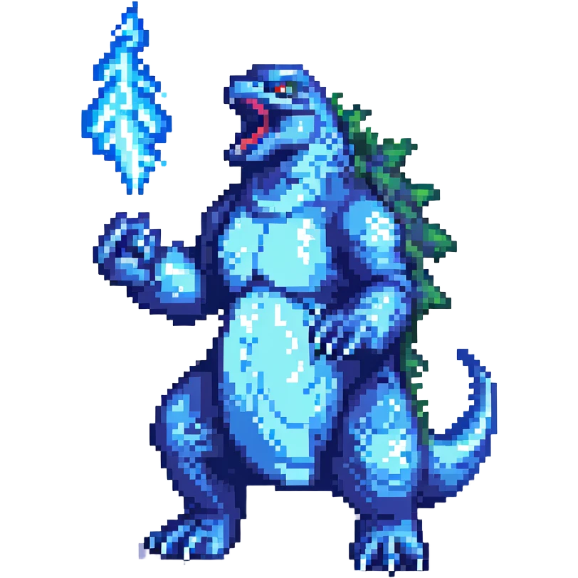 Godzilla, roaring, with blue atomic breath, pixel art style emoji