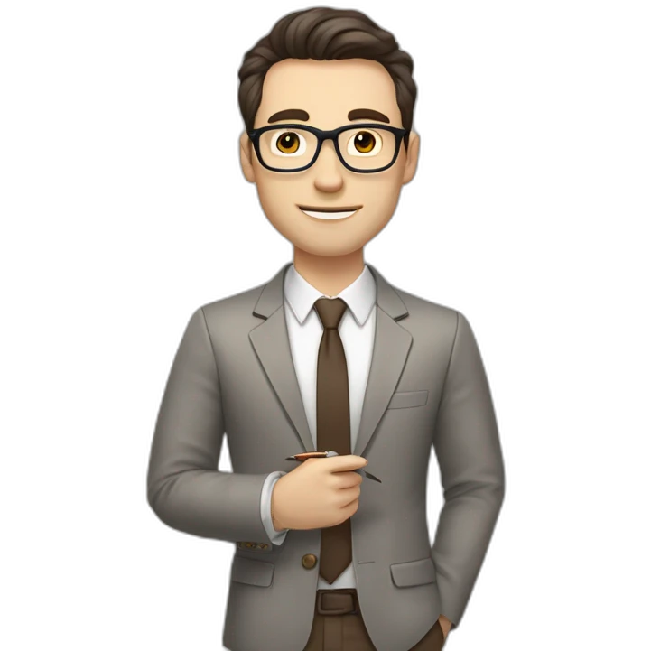 Pale skinned fit man with dark brown hair in gray jacket, beige office shirt, brown tie, brown pants and vintage glasses Writing text on a marker board emoji