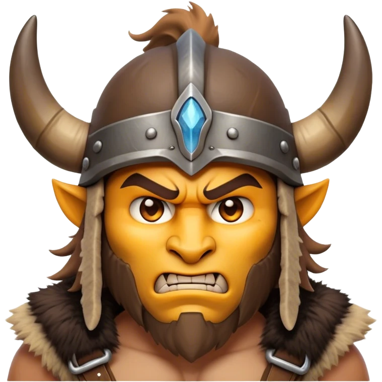 Clash of Clans aesthetic: Cinematic Fierce Barbarian Portrait Emoji, Poised and bold with a rugged yet cartoonish build in tattered furs and a horned helmet, his face rendered in a natural skin tone (not yellow), expressive bright eyes and a confident smirk, Simplified yet dynamic features, highly detailed, glowing with a vivid, adventurous aura, high shine, heroic and spirited, stylized with an air of medieval warrior charm, focused and energetic, soft glowing outline, capturing the essence of a fearless barbarian adventurer ready to lead his clan with spirited valor! emoji