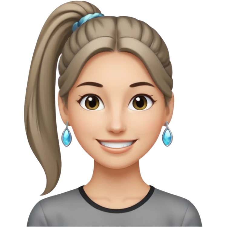 A cool woman with long hair tied in a ponytail, sparkling gray eyes, and smooth, fair skin; very beautiful. emoji
