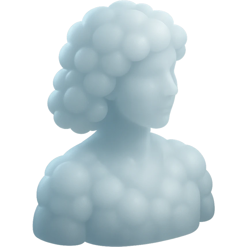 a person turned exactly, made entirely of white fluffy convex clouds, shoulder length, matte glass style emoji