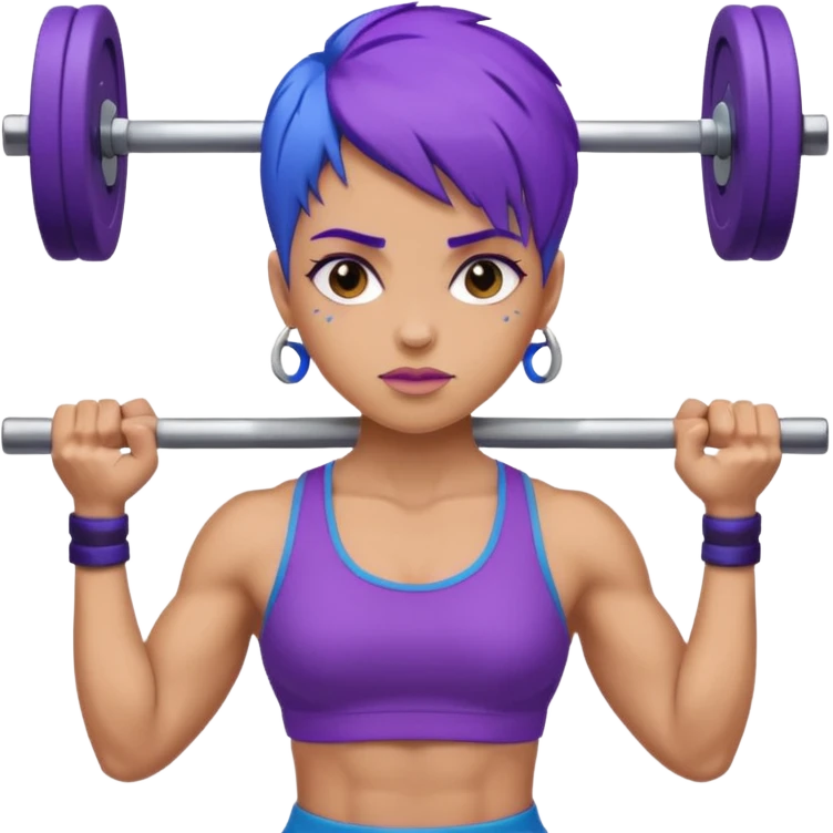 weight lift woman short blue purple har muscles bar is not growing from head emoji