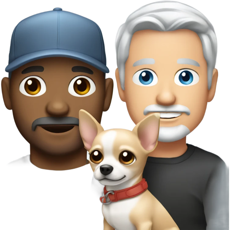 blue eyed man with gray hair and goatee wearing ball cap holding chihuahua with long black hair emoji
