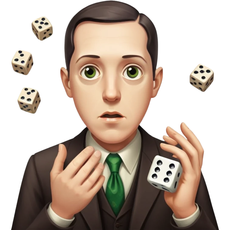 writer Lovecraft throwing dice, surprised expression emoji