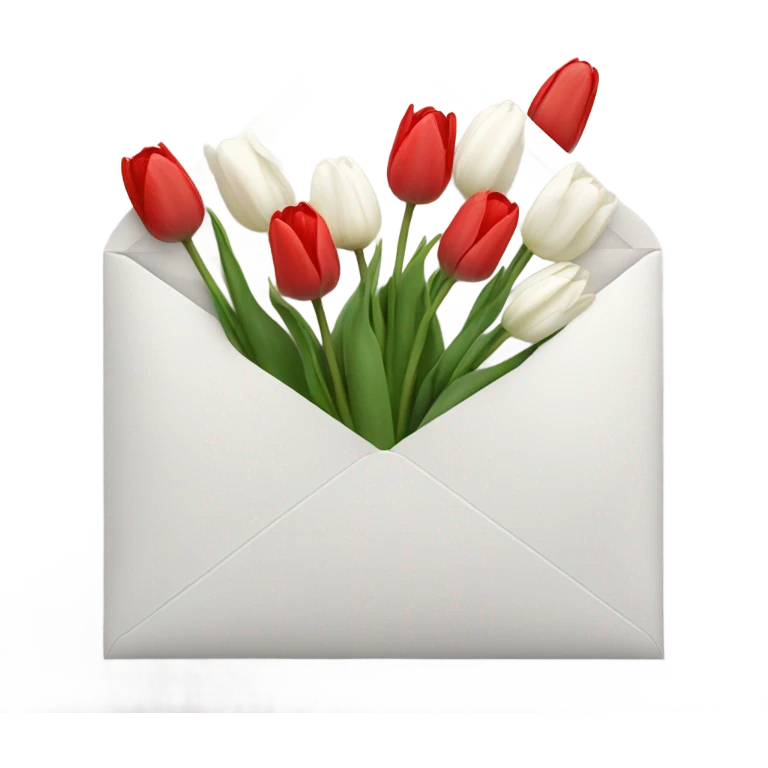 White-ish enevelope with 4 red tulips and 4 white tulips in emoji
