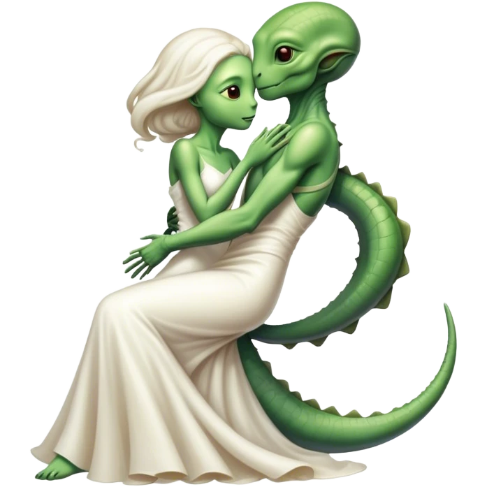 Alien reptilian woman in white dress hugs and kissing "white male human man" emoji