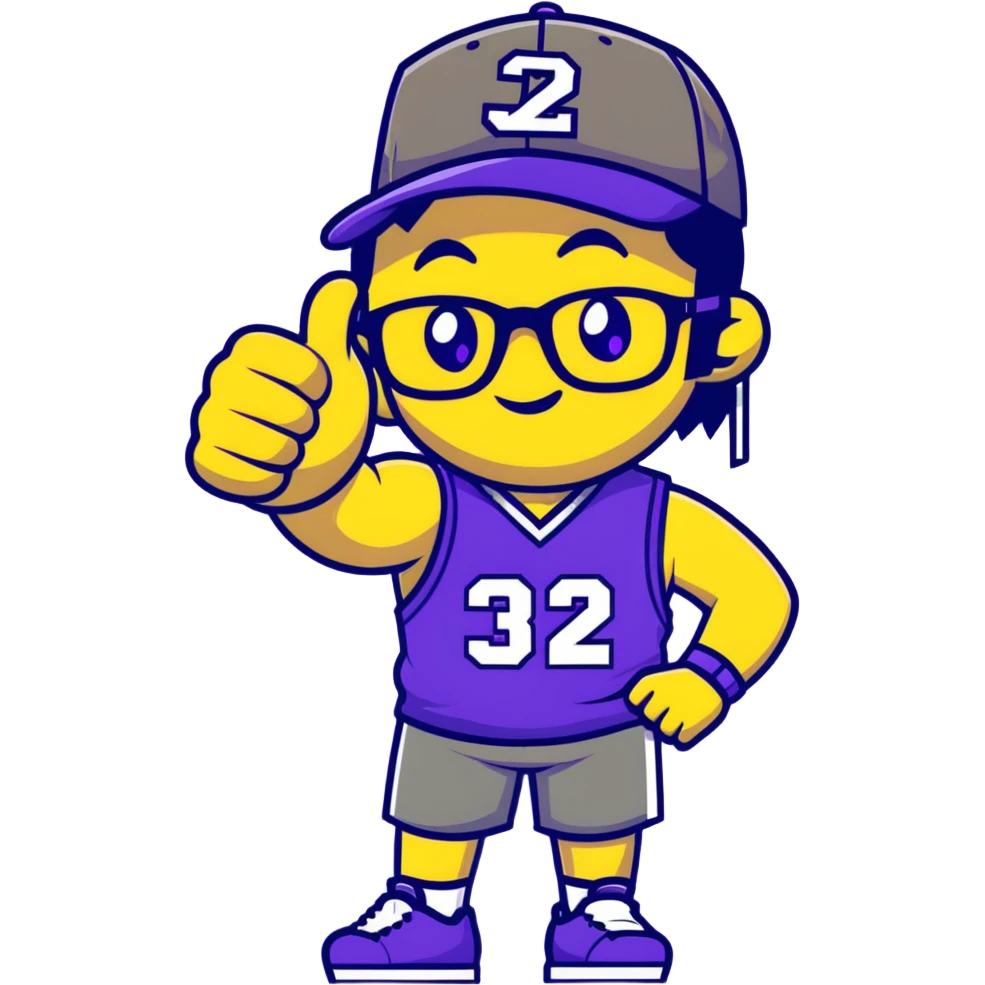 Man with black and white cap, purple sports jersey with number 32, glasses, mullet hairstyle, thumbs up gesture emoji
