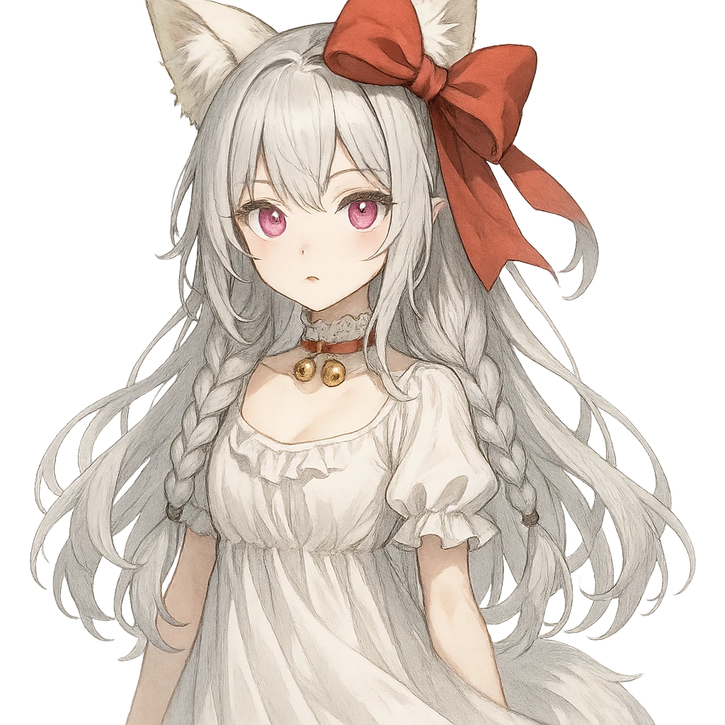 QT the fox spirit girl, pink irises, pale skin, silver white hair in two braids and loose hair, big red ribbon bow, flowy dress, white lace choker with bells. emoji