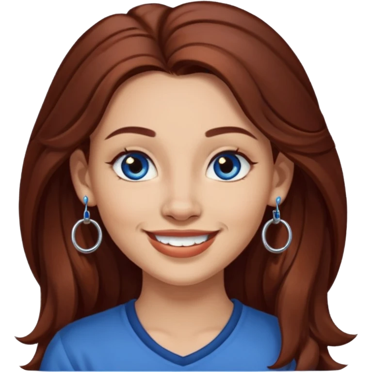 Create a custom emoji-style character inspired by a smiling woman with long dark reddish-brown hair, light skin tone, dark blue eyes, a nose piercing on each nostril, and hoop earrings. emoji