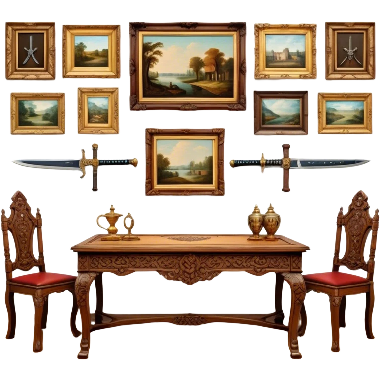 Icon for Antiques Collecting: vintage intricately carved furniture, famous paintings, antique swords, and rifles. The items are displayed on a wooden table or shelf. The icon should evoke the rich history and craftsmanship of antique collecting. Transparent background. emoji