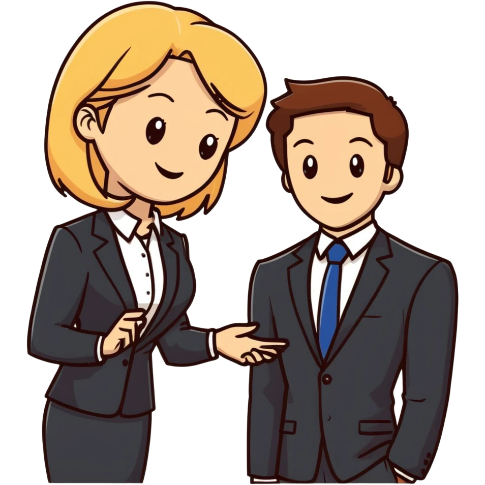 blonde woman in business suit talking to smiling brown-haired man in white shirt emoji