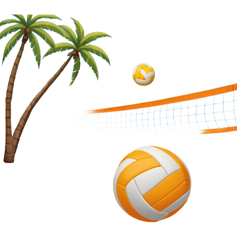 The scene captures an orange sand, sunny sea beach with clear blue sea and sky, palm trees swaying. A volleyball resting on the orange sand ground of a beach, with a volleyball net in the background.  emoji