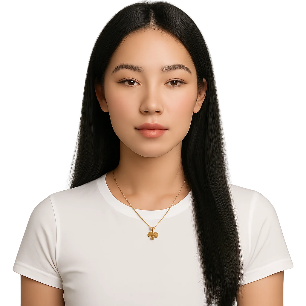 a serene woman with long straight black hair parted in the middle, light healthy complexion, almond eyes with gentle makeup, full lips with coral tint, white fitted t-shirt, gold four-leaf clover necklace, calm and neutral expression facing forward emoji