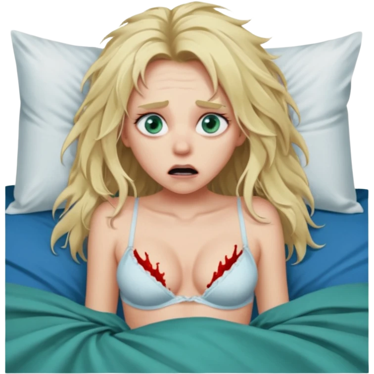 Blonde baddie with very long messi hair blue-green eyes  and lay in a big bed in underwear sie hat Todesangst und guckt schmerzhaft erschrocken Bettlacken ist blutig ihre Brüste unecht .ein großer Mann war das, der ihre arme fesselt emoji