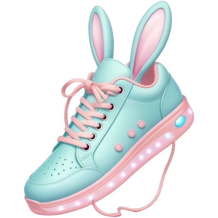 Cute Kawaii Shoe, small and bouncy, soft pastel sneakers with glowing highlights, cute sparkling eyes, a happy cheerful expression, laces tied like bunny ears! emoji