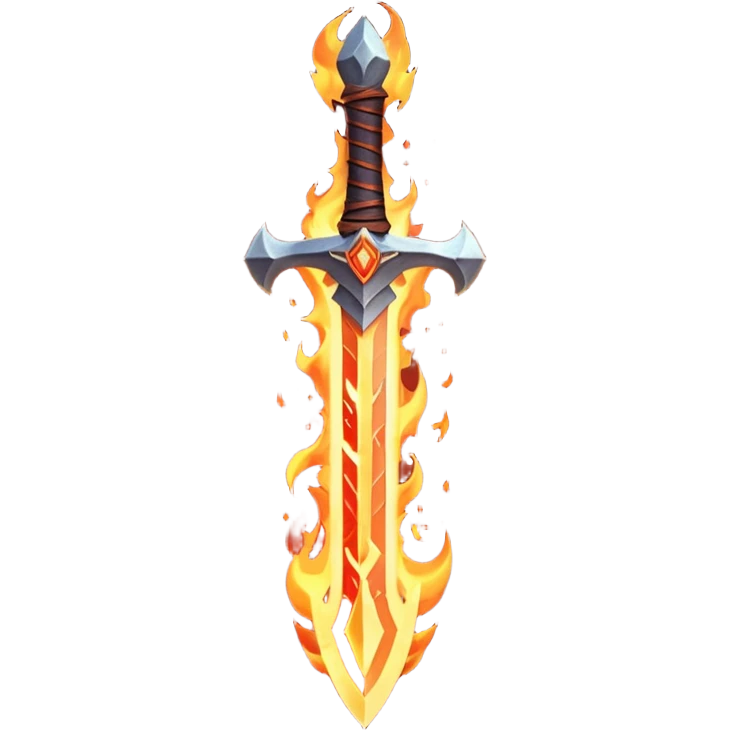 fire guardian sword object icon, flaming blade, glowing lava runes, ember sparks, fantasy weapon, 3D cartoon, mobile game icon style, centered, clean background, no text, no watermark
 emoji