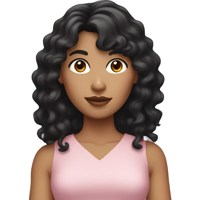 White woman with long black curly hair and bangs and dark brown eyes, wearing a pastel pink dress emoji