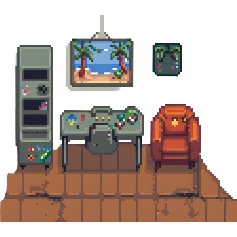 gaming room with gaming chair, desk, and monitors in pixel art style emoji