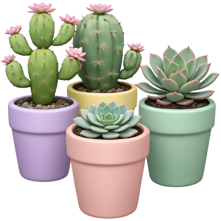 A pastel pink ceramic pot with a sedum succulent, a pastel green ceramic pot with a graptopetalum succulent, a pastel yellow ceramic pot with an echeveria succulent, and a pastel purple ceramic pot with a flowering cactus. All are cylindrical and placed separately on the floor. emoji