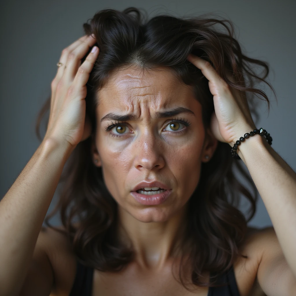 woman with hands in hair, stressed and nervous expression, hyperrealism 4K, variation 5 emoji