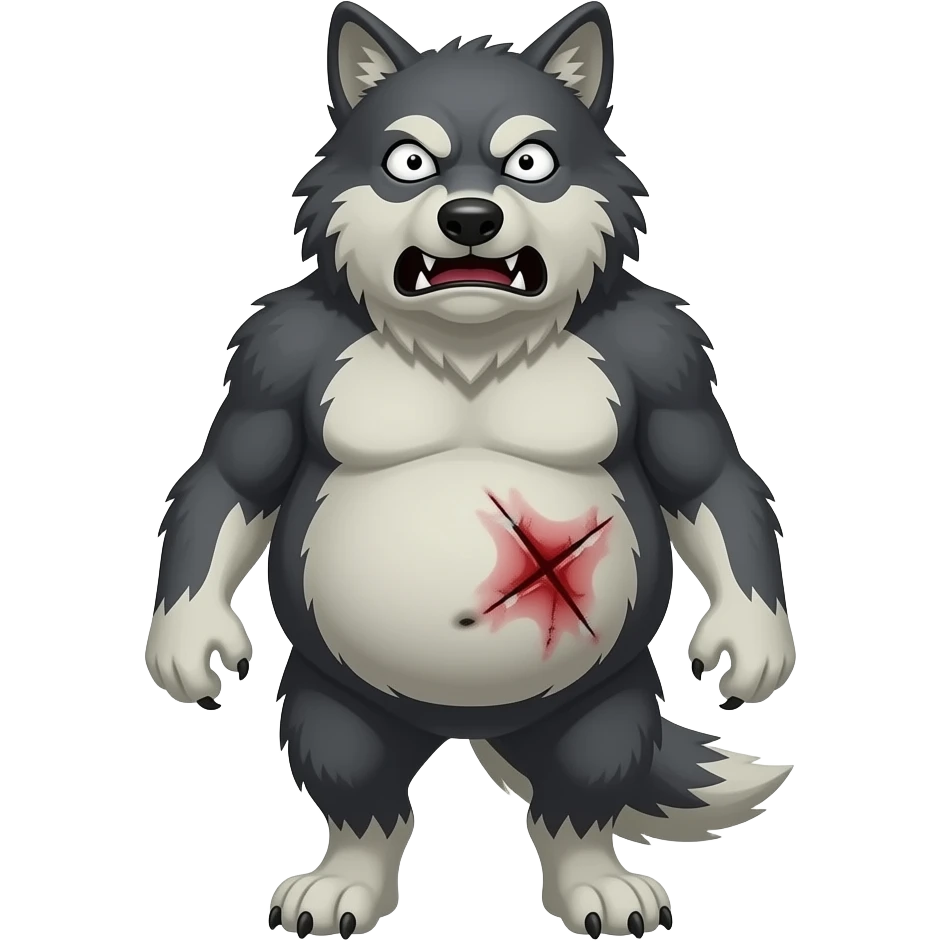 Hazme un lobo despierto y con cara de susto. Tiene que tener mucha barriga. Tiene que ser malo. Tiene que tener una herida en la barriga emoji