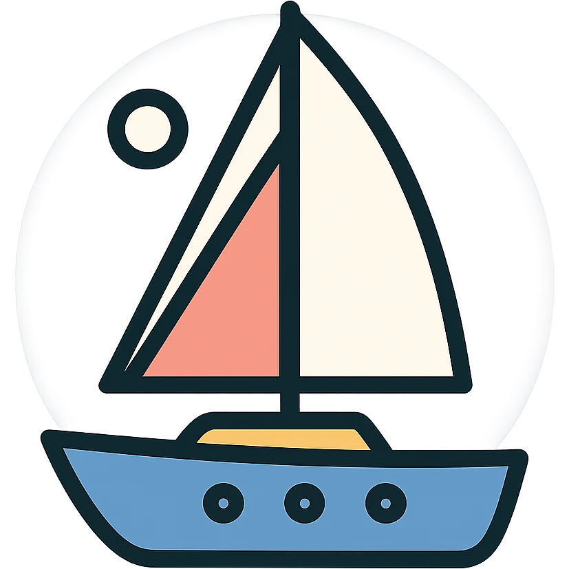 minimalist geometric sailboat illustration, classic sailing vessel with main sail and jib sail, soft colors white coral pink blue tones, blue hull with small circular portholes, circular pale lavender or light blue background, small white sun or moon in upper left, clean modern style, simple shapes, muted color palette, friendly and approachable, suitable for icon or logo emoji