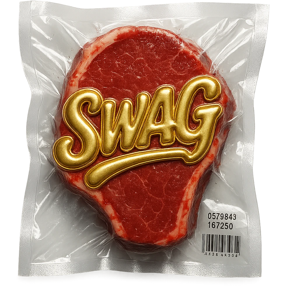 steak with gold script 'SWAG' written across, glossy and puffy, vacuum-sealed style emoji