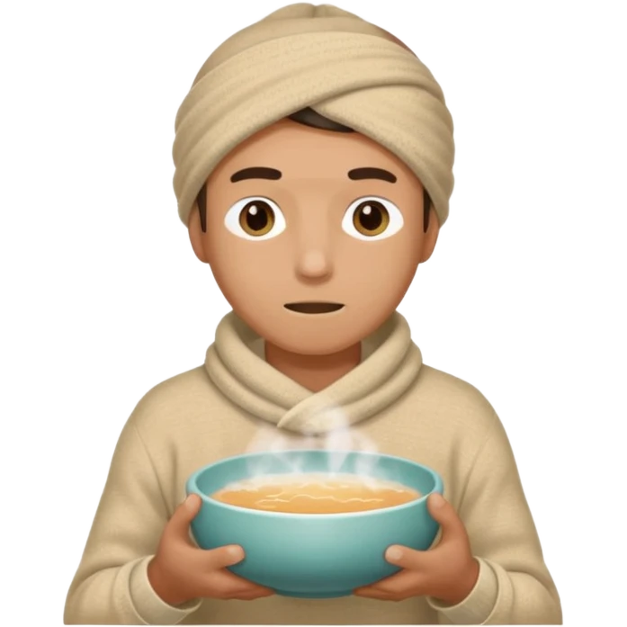 чоловік що дихає парою над мискою в теплій кофті і з полотенцем на голові, яке просто висить, двома руками тримаючи миску emoji