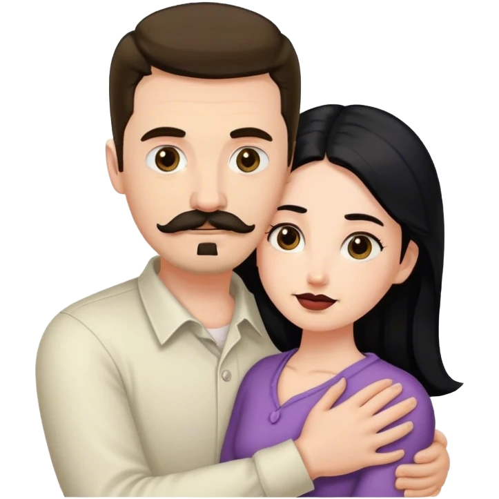 Tall white man with dark brown mustache and goatee hugging a short pale woman with long black hair emoji
