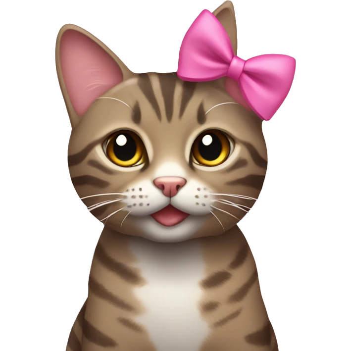 Brownish-gray tabby cat with pink bow emoji