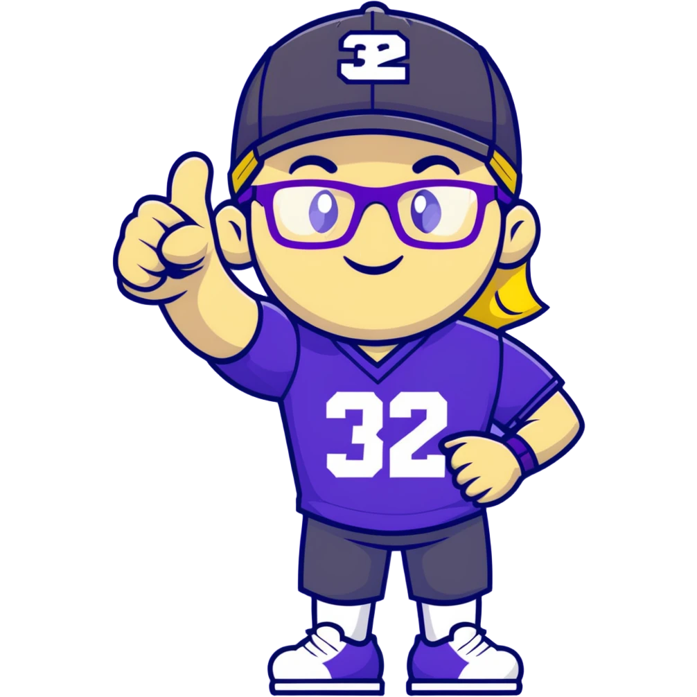 Man with black and white cap, purple sports jersey with number 32, clear glasses, disheveled light blond mullet hairstyle, thumbs up gesture, relaxed expression emoji