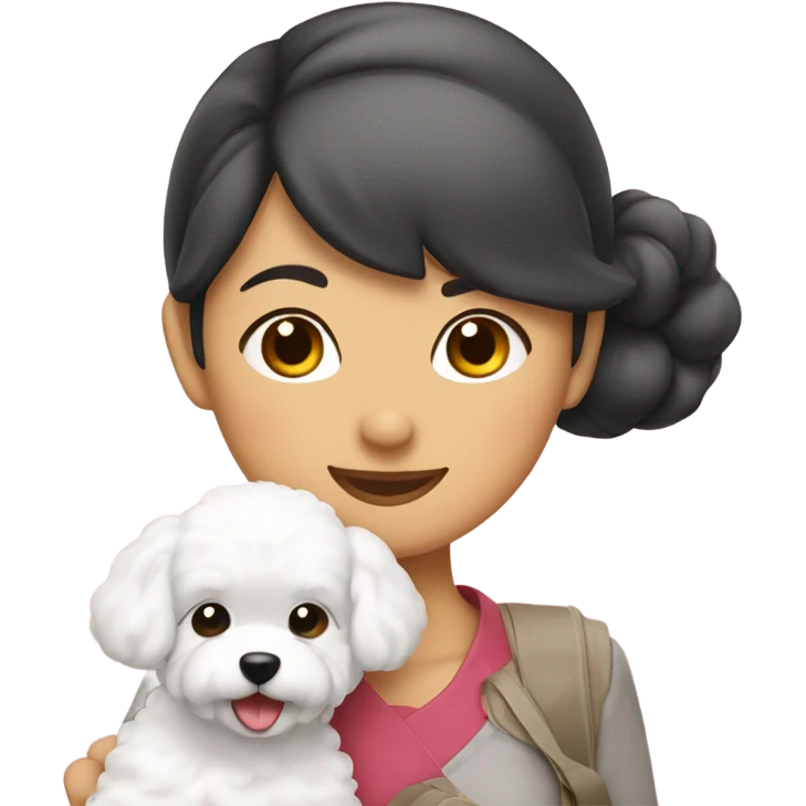 Hair-in-a-bun traveling Asian woman carrying a happy, cute and rounded bichon frise emoji